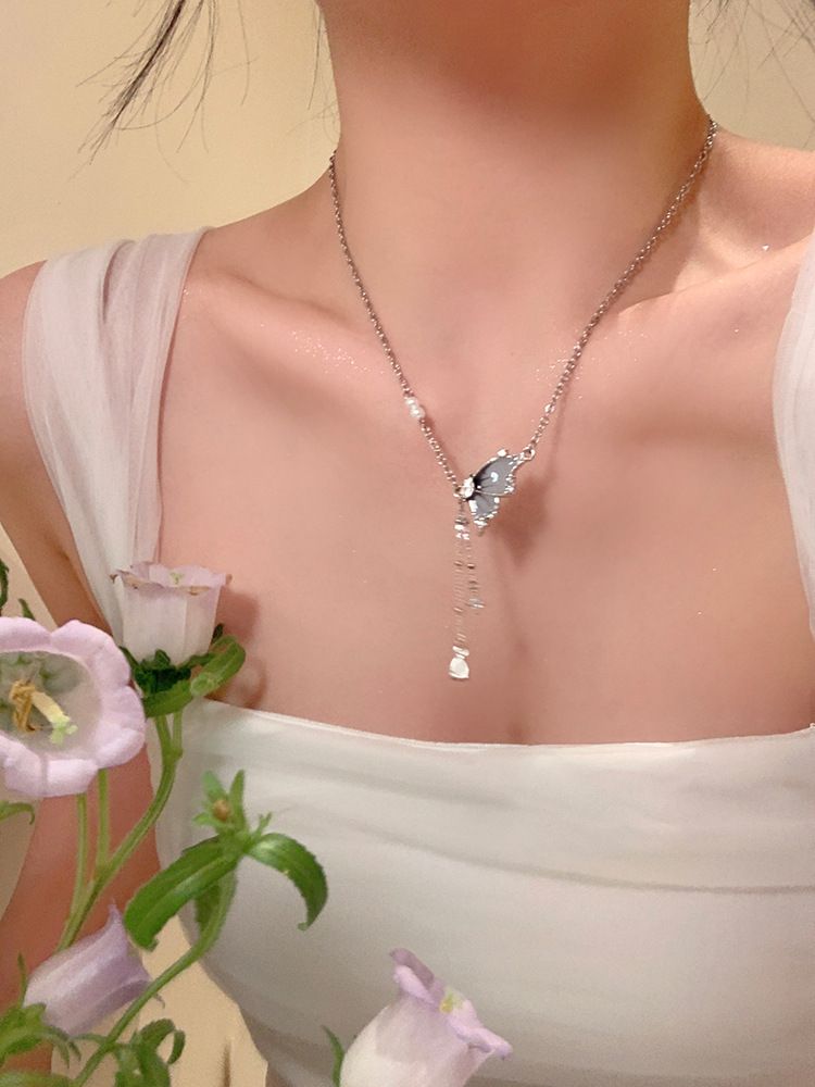 Cool butterfly tassel pearl necklace for women summer new clavicle chain sweet and cool versatile temperament girlfriend accessories_voghion.com