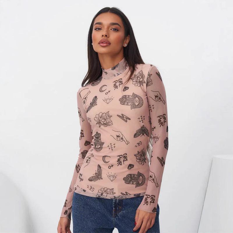 Sexy, durchsichtiges Mesh-T-Shirt im Spicy Girl-Stil für Damen mit Aufdruck als Basis, langärmliges Gareth-Stoff-Oberteil mit hohem Halsausschnitt_voghion.com