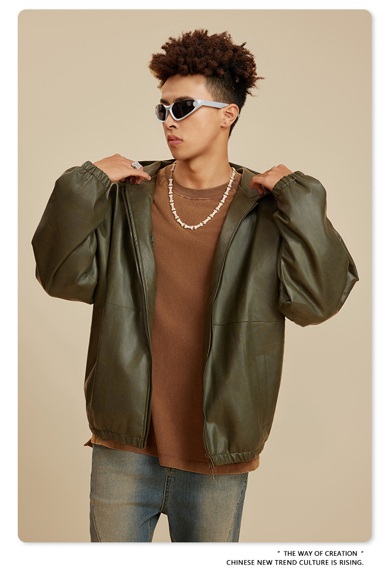 Męska kurtka skórzana w stylu retro o dużej sylwetce Kurtka typu Loose Tide_voghion.com