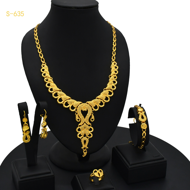 Saoedi-Arabië gouden sieraden Afrikaanse bruid ketting oorbellen ring armband Indiase dames sieraden set_voghion.com