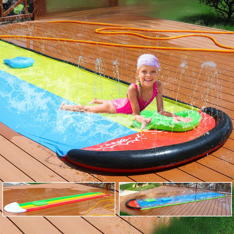 Opblaasbare PVC waterglijbaan met sproeier, buitenglijbaan voor kinderen en volwassenen, inclusief dubbele baan, splashpool en golfplank._voghion.com
