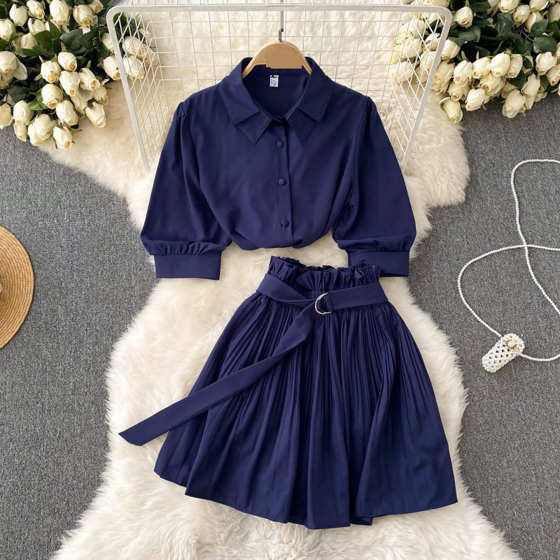Vêtements pour femmes, ensemble sexy pour filles, chemise à manches courtes et revers, jupe plissée trapèze, ensemble deux pièces tendance_voghion.com