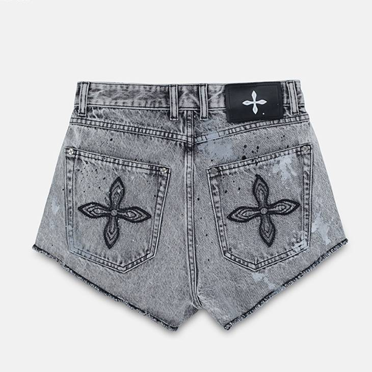 Short en jean taille haute à fleurs croisées peintes à la main, style vintage, en coton vieilli, pour femme, streetwear, mode_voghion.com
