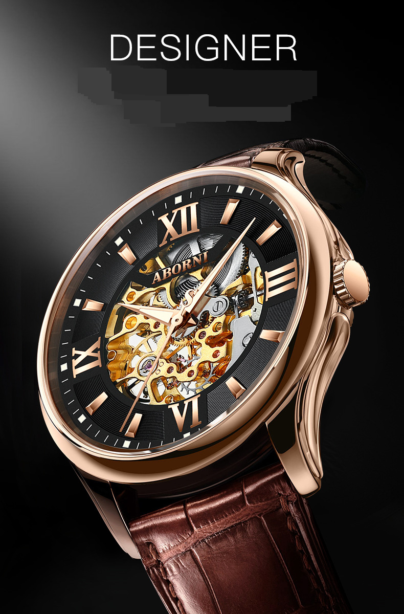 Montre squelette automatique pour homme avec bracelet en cuir, étanche et lumineuse, design ajouré double face, montre mécanique tendance_voghion.com