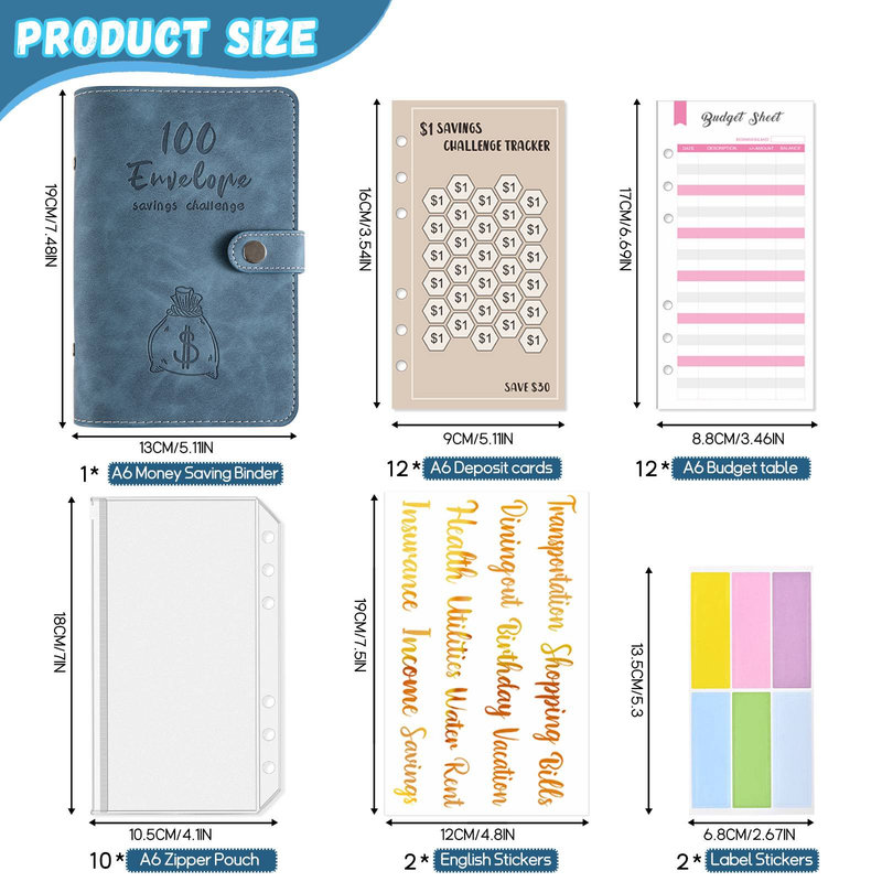 Agenda budgétaire A6 en cuir synthétique de qualité supérieure avec pochette zippée, système d'enveloppes pour billets, 12 cartes budgétaires couleur, 2 autocollants dorés_voghion.com