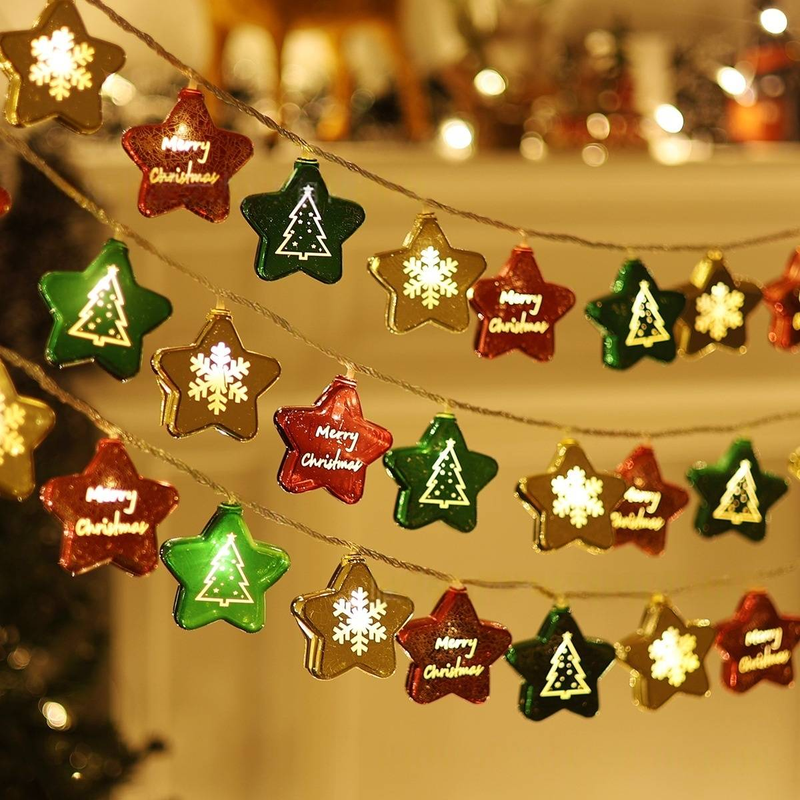 Luzes de LED para decoração interna/externa à prova d'água IP44 com estrelas e bolas douradas, branco quente de 3500K, operadas por bateria (comprimentos de 2m/3m, 10-20 LEDs)_voghion.com