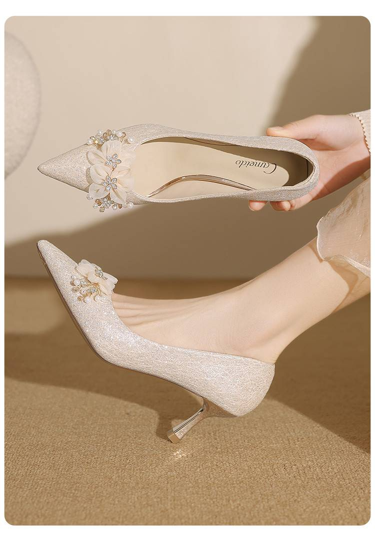 Cameido Women's Champagne Glitter Pointed-Toe Stiletto Heels - 6.5CM Height, Rubber Sole, 0.5 Thin Heel_voghion.com