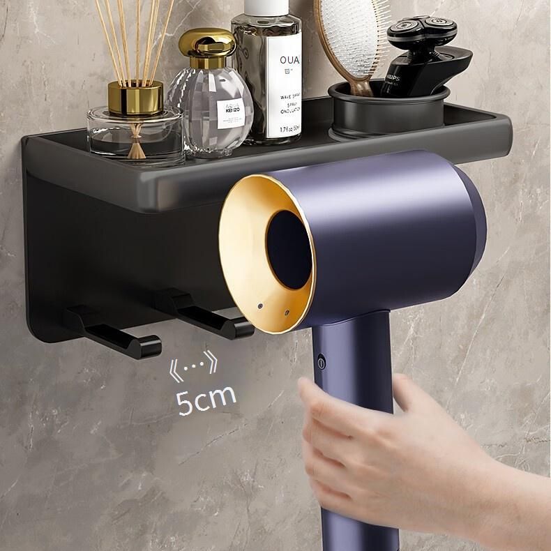 Porta asciugacapelli senza trapano - Organizer da parete con portabicchieri per bagno, nero/canna di fucile/oro nero_voghion.com
