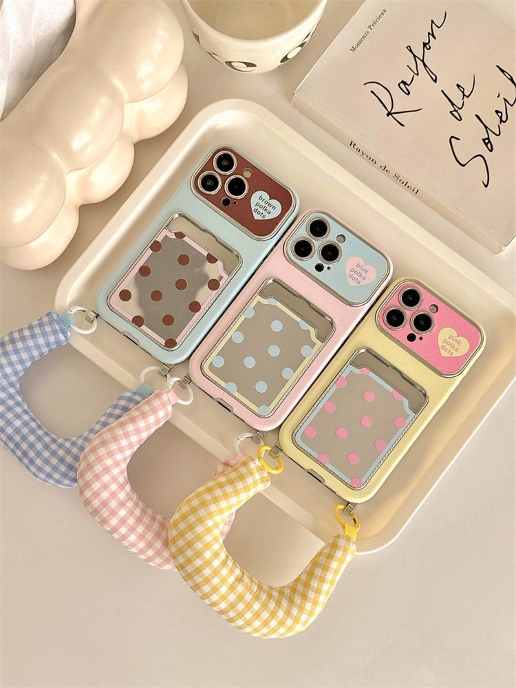 Korean-style Niche, Sweet Polka Dot Mirror Card Case For IPhone 17 Pro Max Phone Cover. 16th New Model 15th With Wristband And Hanging String._voghion.com