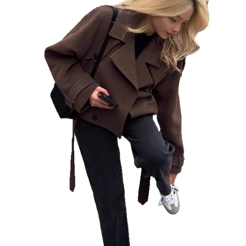 Abrigo largo de mezcla de lana para mujer: abrigo de invierno clásico estilo gabardina con solapa de muesca y diseño cruzado._voghion.com