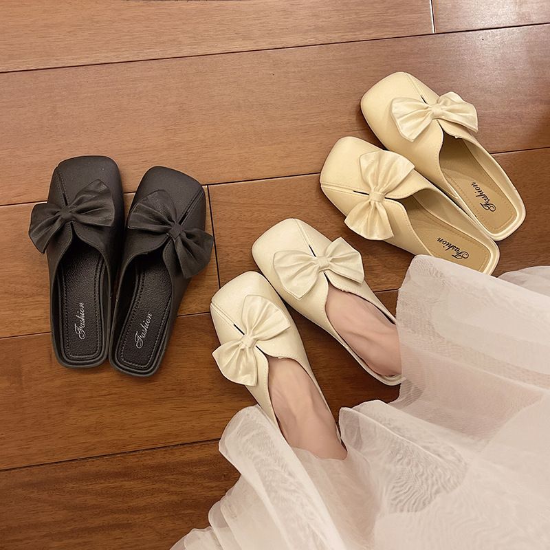 Sandales à nœud papillon Wo, vêtements d'extérieur, nouvelle mode été 2025, pantoufles plates à bout carré de style coréen polyvalentes pour_voghion.com