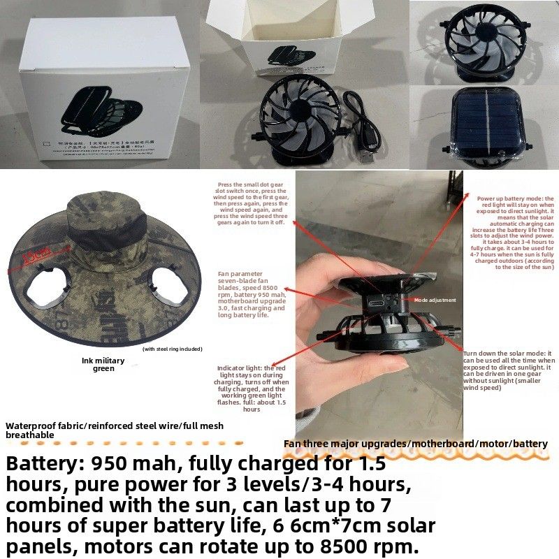 Long Battery Life 950mAh Lithium Battery Fan Solar Charging Large Wind Sun Protection Cap Shading Tea Picking Fishing Cap_voghion.com