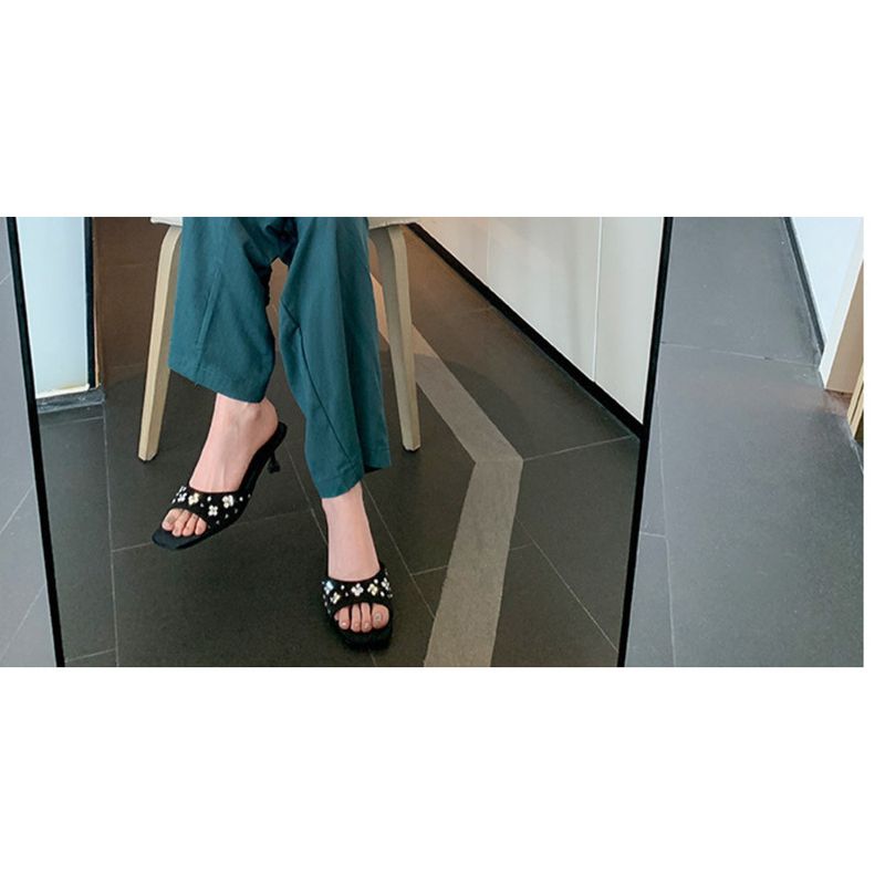 Pantofole da donna con tacco piccolo, stile celebrità, con testa quadrata, in raso e strass a petalo, 2025, nuova moda primaverile, versatili e squisite._voghion.com