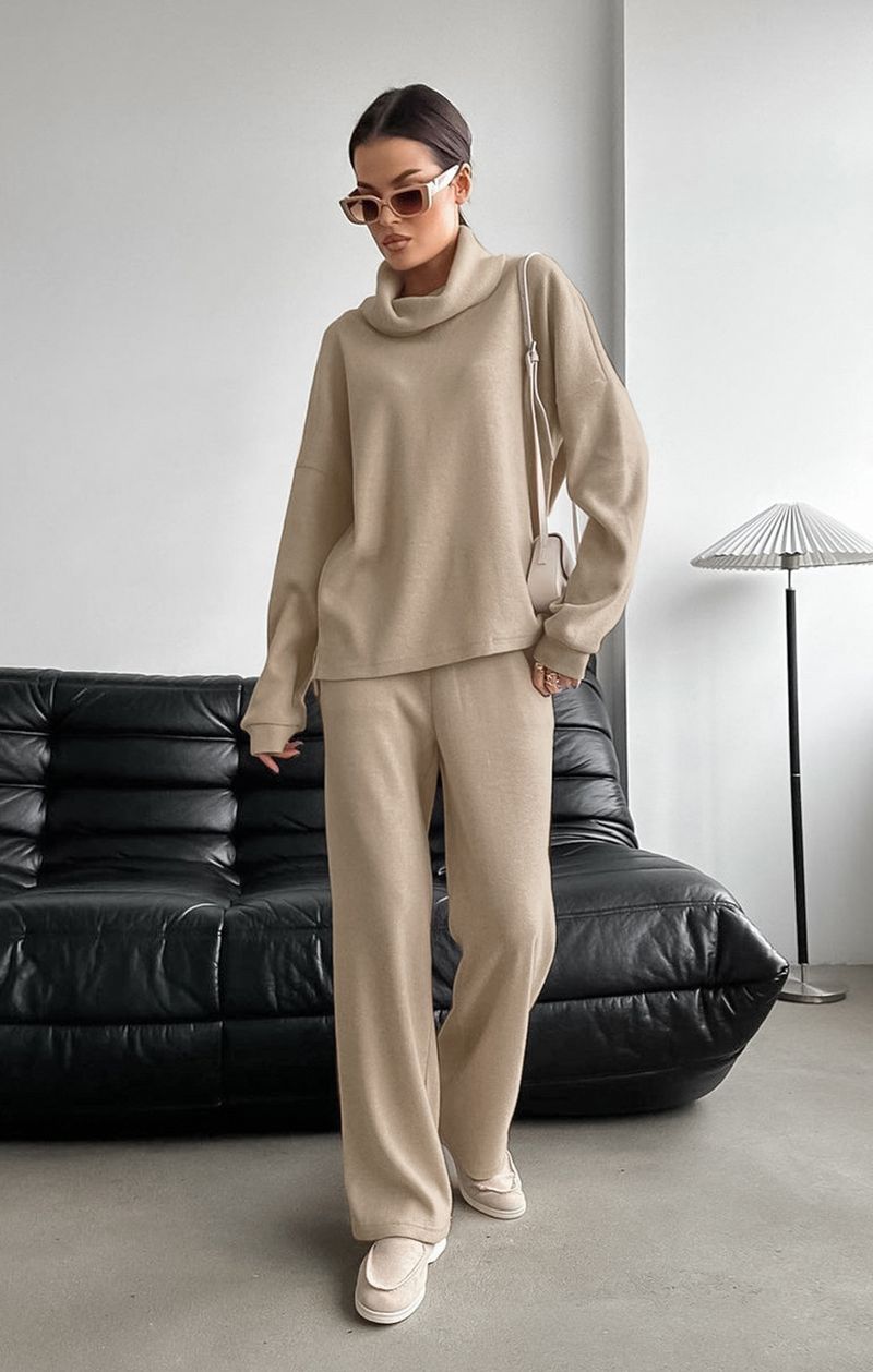 Suéter de malha cáqui com gola alta para outono e inverno, feminino, casual, simples, camisa, blusa, calça comprida, conjunto de duas peças feminino_voghion.com