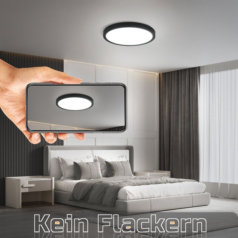 Glitzerlife Deckenlampe LED Deckenleuchte Flach - Ø23cm Badezimmerlampe Kaltweiß Schlafzimmerlampe Schwarz 18W Küchenlampe IP44 Flurlampe Rund Für Bad Wohnzimmer_voghion.com