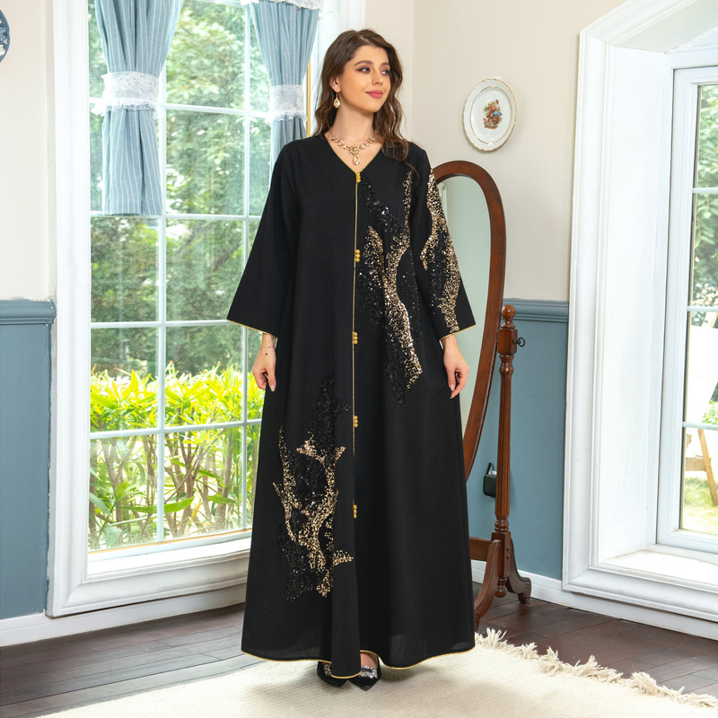 Langärmliges, mit Pailletten besticktes, lockeres Damenkleid für muslimische Frauen_voghion.com
