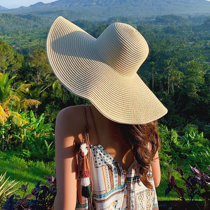Cappello da spiaggia pieghevole oversize da donna, con tesa larga da 15 cm, estivo, da viaggio, in paglia, per donna, per vacanze all'aperto, arrotolabile, UPF50+_voghion.com