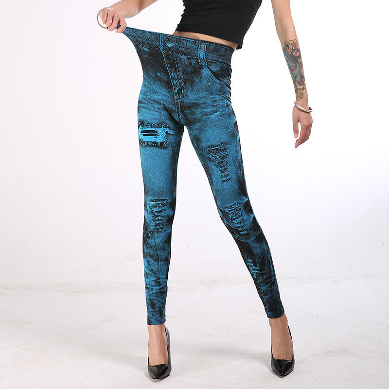 Leggings imitation denim pour femmes, pantalons multicolores populaires à neuf points pour soulever les hanches_voghion.com