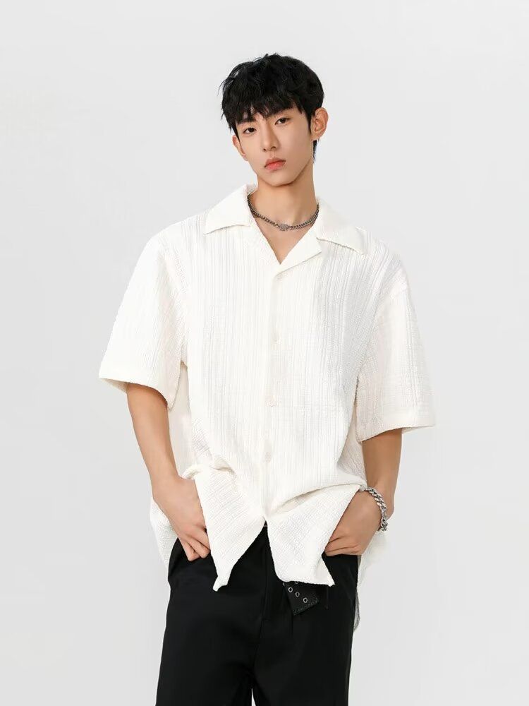 ForMen Summer Thin Niche Textured Cuban Collar Short Men's Ice Silk Solid Color Shirt Korean Version Ins Trend Five-Quarter_voghion.com