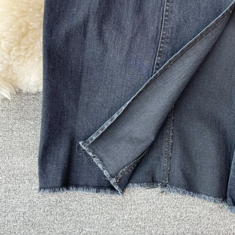 Gonna in denim da donna, lunghezza media, vita alta, spacco, gonna lunga a trapezio, gonna alla moda, completo due pezzi, top corto a vita alta_voghion.com