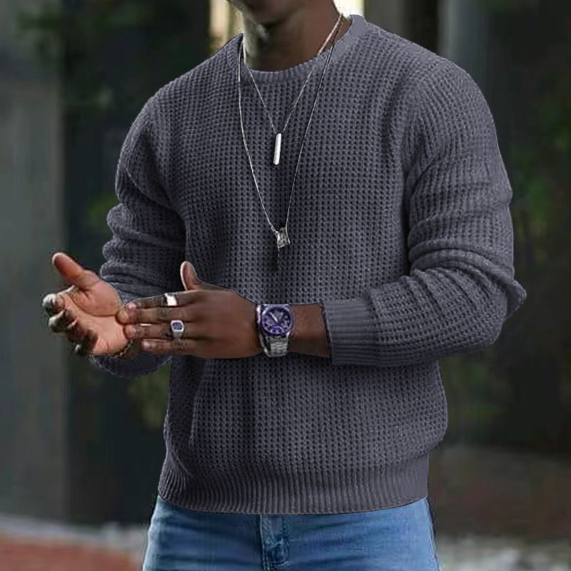 Autumn new round neck cotton waffle solid color knitted sweater men's pullover casual long sleeved shirt_voghion.com