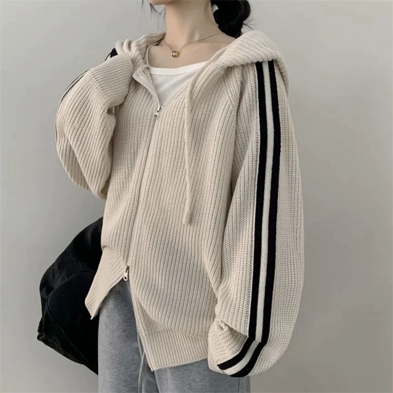 Women's Clothing Autumn Winter Minimalist Elegant Drawstring Hooded Oversized Long Sleeve Sweater Coat For Petite - Striped, Loose Fit, Polyester_voghion.com