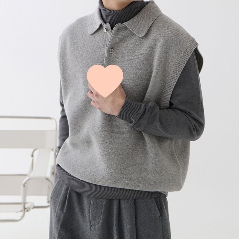 Frühlings-ärmelloser Umlegekragenpullover für Herren, lockerer koreanischer Stil, trendige, vielseitige Strickweste, Weste_voghion.com