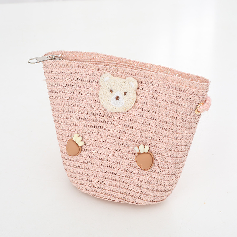 Little Fresh Gewelltes Stroh-Set für Kinder, Sommer, Mädchen, Reise, Cartoon-Muster, Strand, Sonnenschirm, Hut, Tasche_voghion.com