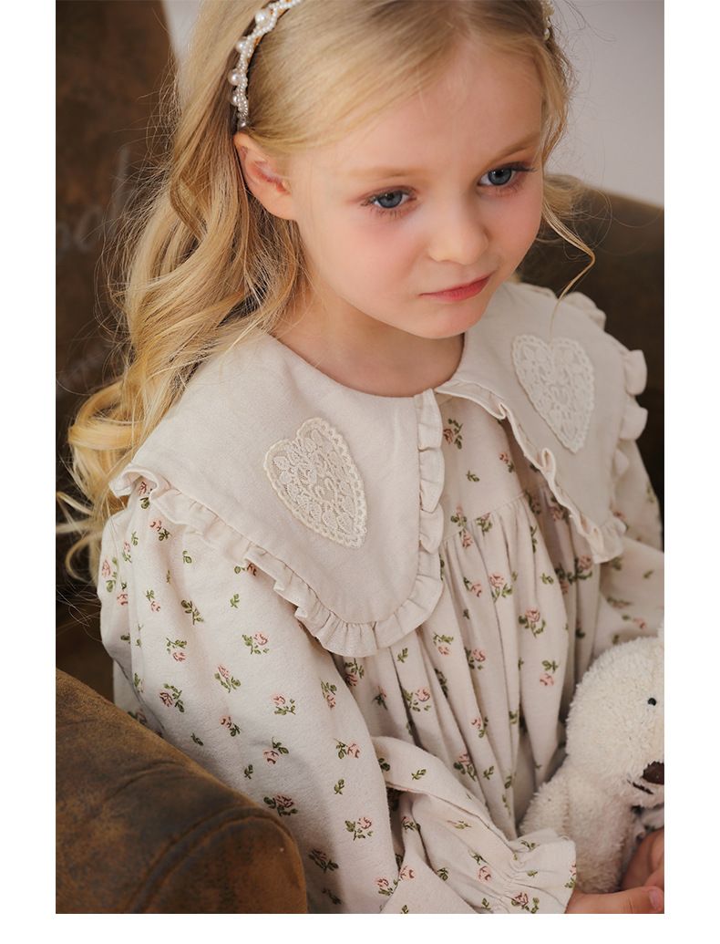 Mutter & Kinder Koreanische version revers gedruckt spitze mädchen kleid 2024 herbst neue langarm süße kinder prinzessin kleid reine baumwolle_voghion.com