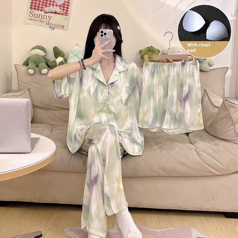 Ice sleepwear women's spring and autumn three piece set short sleeved pants thin ice silk summer outerwear plus size_voghion.com