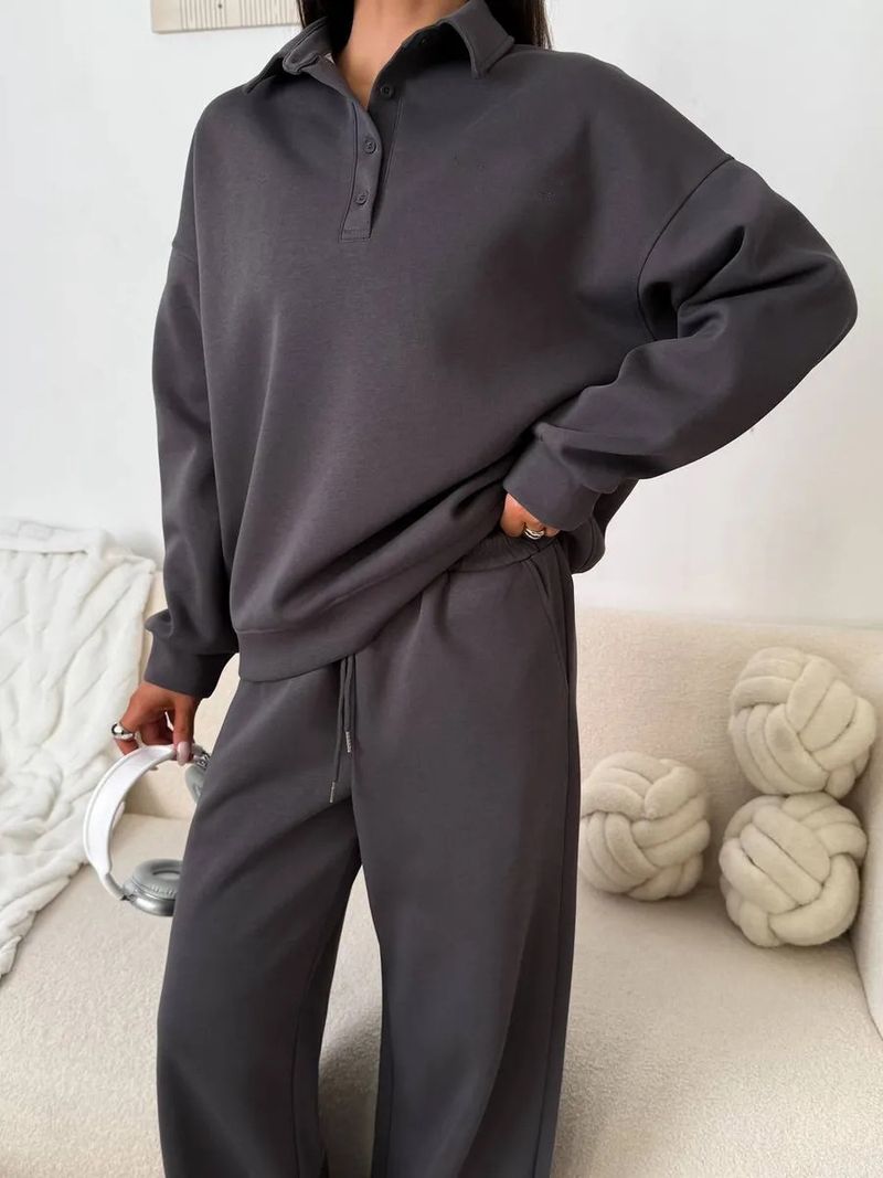 Set sportivi casual da donna, tinta unita, maniche lunghe, pullover con revers abbottonato, felpa, pantaloni con lacci, completo due pezzi_voghion.com