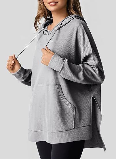 2025 Autumn Winter Women's Hoodie Waffle Knit Side Split Pullover Sweatshirt With Pocket Long Sleeve_voghion.com
