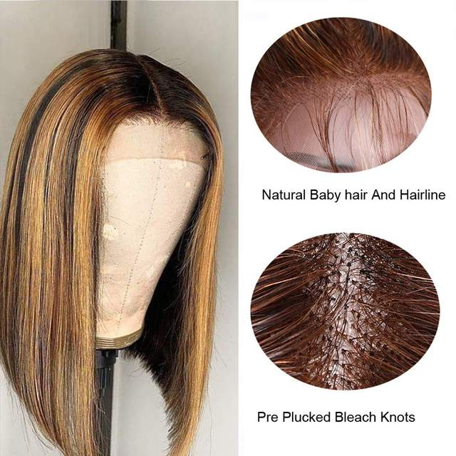 Parrucca Bob corta diritta Evidenziata parrucche frontali in pizzo trasparente per capelli umani per le donne Biondo miele Ombre Evidenzia parrucca in pizzo 13x4_voghion.com