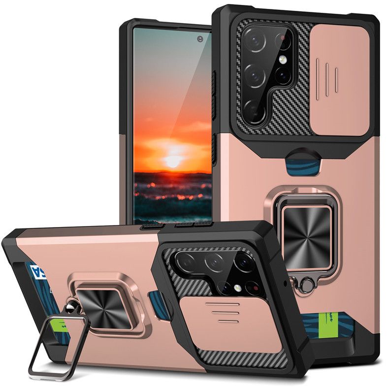 Phone Case card slot push window anti fall mobile phone case car ring bracket protective cover_voghion.com