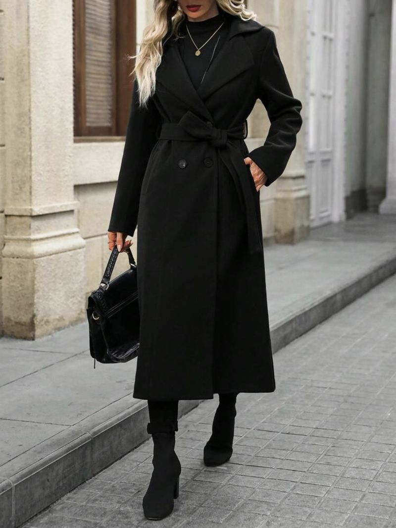 Nuovo stile, trench doppiopetto lungo da donna, con revers in lana e lacci_voghion.com