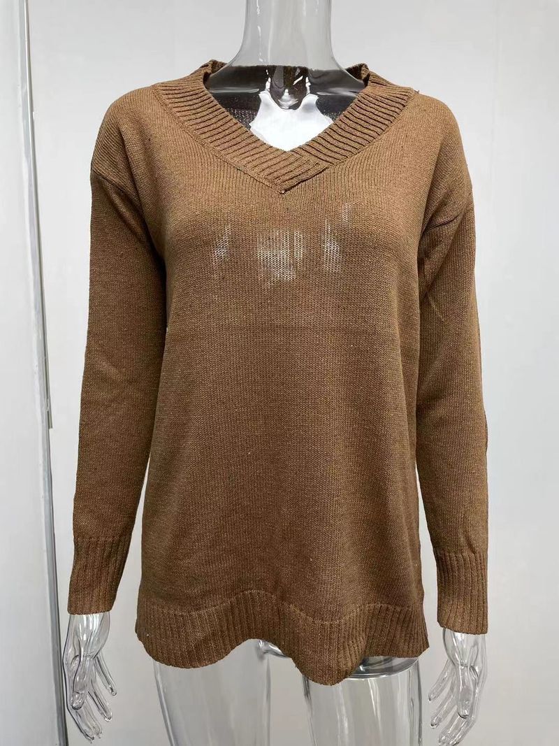 Abbigliamento da donna Maglione solido Pullover a maniche lunghe con scollo a V Top in maglia_voghion.com