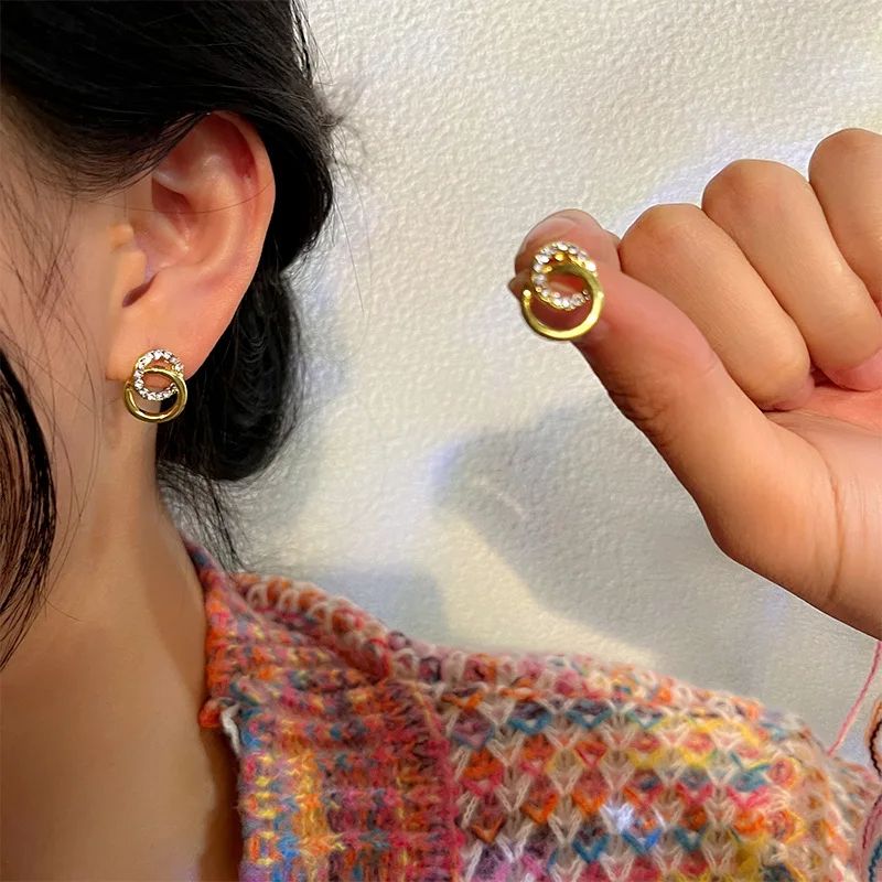 Gold Color Double Circle Stud Earrings For Women Korean Exquisite Simple Metal Crystal Earring Luxury Party Jewelry Gifts_voghion.com