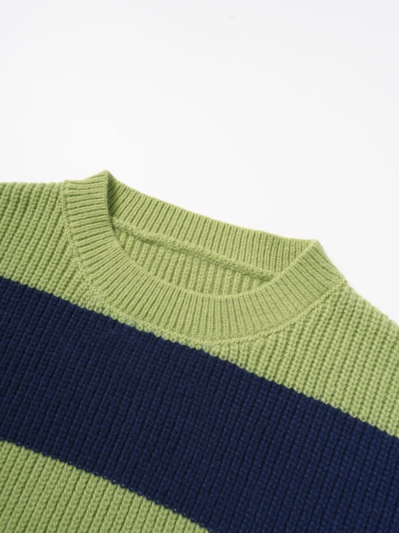 Men's Relaxed Fit Striped Sweater – Oversized Crewneck Knit Pullover With Colorblock Design, Machine Washable & Stretch Comfort_voghion.com