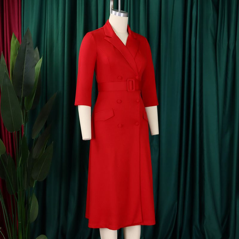 Damenbekleidung Damenmode Temperament Zweireihiger Anzugkragen Einfarbiges Kleid Mittellanges Kleid_voghion.com