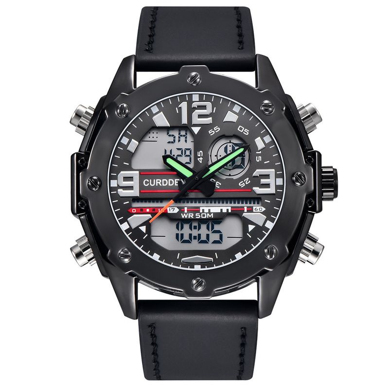 Men's Sport Digital Analog Watch With Multifunction Display, PU Strap, LED Backlight, GMT, Alarm, And Date_voghion.com