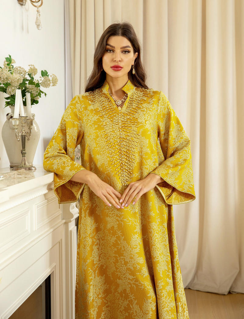 Women's Clothing Muslim Evening Gown Jacquard Embroidery Dress Beading Fashion Kaftan Arabian Dubai Robe_voghion.com