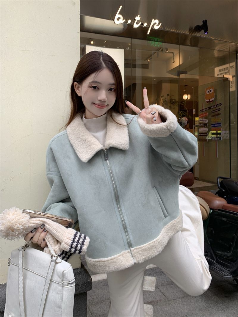 2025 Winter Koreanischen Stil High-End Hellblau Revers Kurzen Lamm Wolle Mantel Für Frauen, Schaffell Integrierte Jacke Top_voghion.com