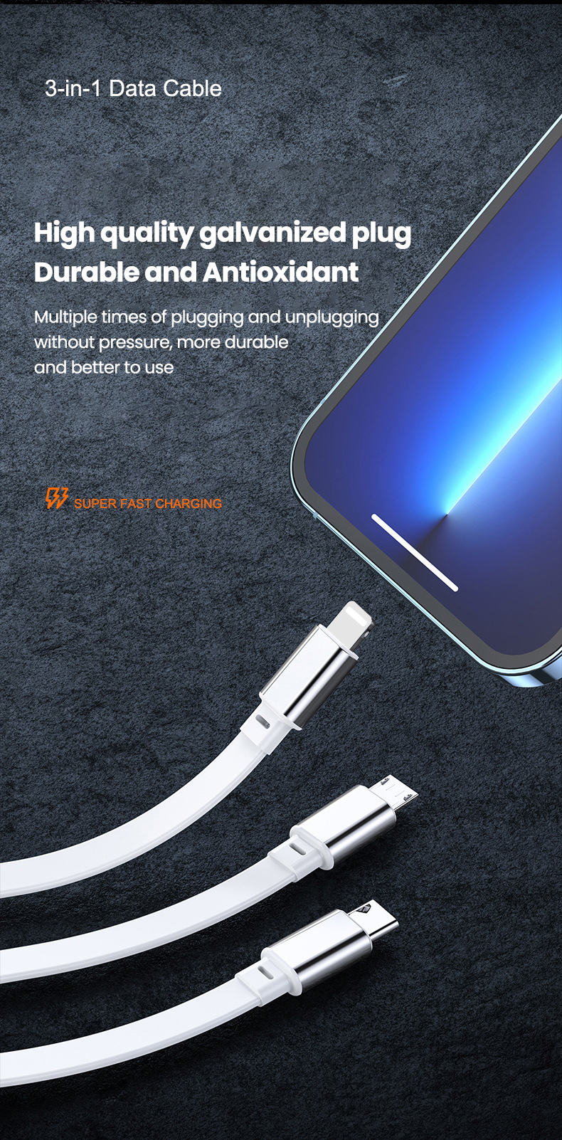 5A 3-in-1 charging USB C cable suitable for iPhone 14, 13, 12, 11 Max pro USB A to 8-pin mini C charging cable_voghion.com