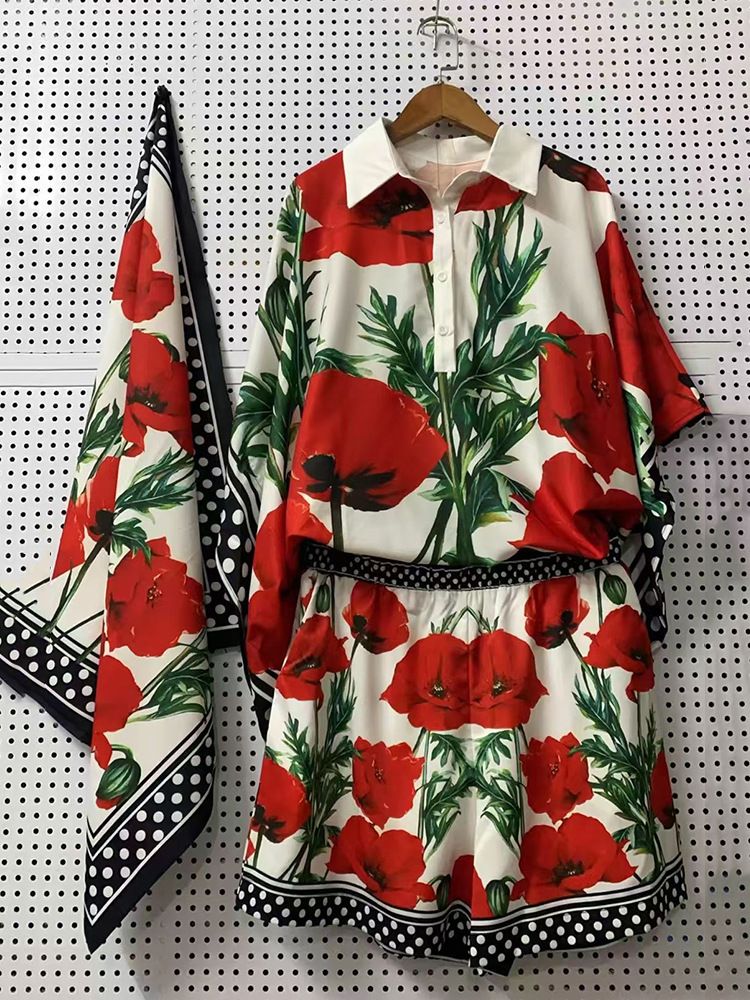 Vêtements pour femmes, pull à revers imprimé géométrique rétro, chemise deux pièces, short à jambes larges, costume à la mode_voghion.com