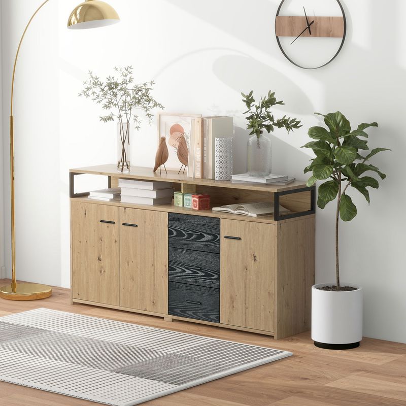 Buffet industriel trois portes et trois tiroirs, meuble de rangement multifonctionnel avec poignées en métal, armoire de cuisine, meuble de rangement pour chambre, salon et bureau, 150 x 35 x 75,9 cm_voghion.com