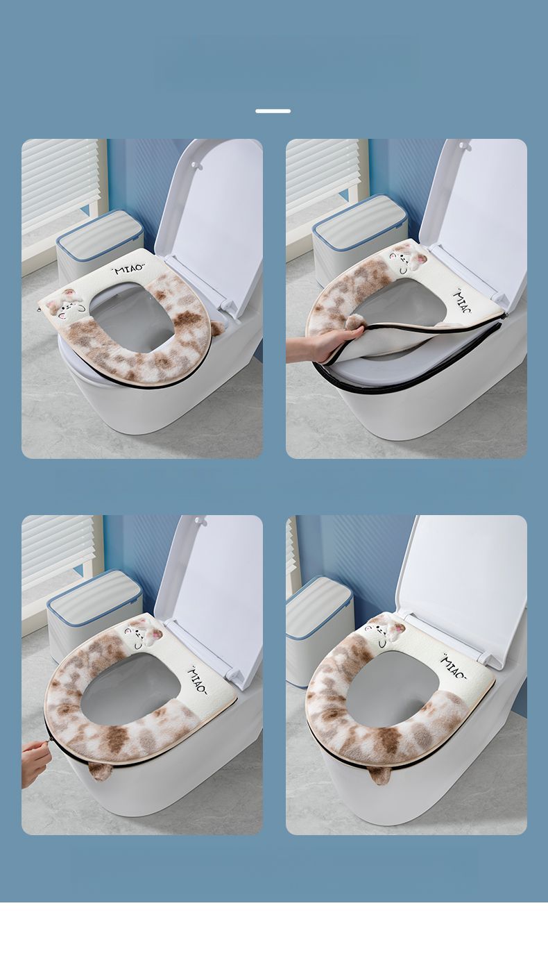 Coussin de siège de toilette épais en peluche avec anneau de fermeture éclair et motif dessin animé, universel pour l'automne et l'hiver_voghion.com
