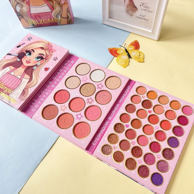 Palette di ombretti e fard illuminanti glitterati opachi perlati da 117 colori per il trucco di una ragazza dei cartoni animati carina_voghion.com