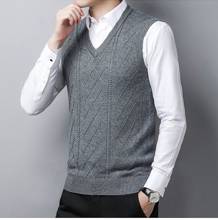 Herbst und Winter Neue Herren Wollpullover Strickweste Weste Lässige Weste Mittleren Alters Einfarbig V-Ausschnitt Vielseitige Weste_voghion.com