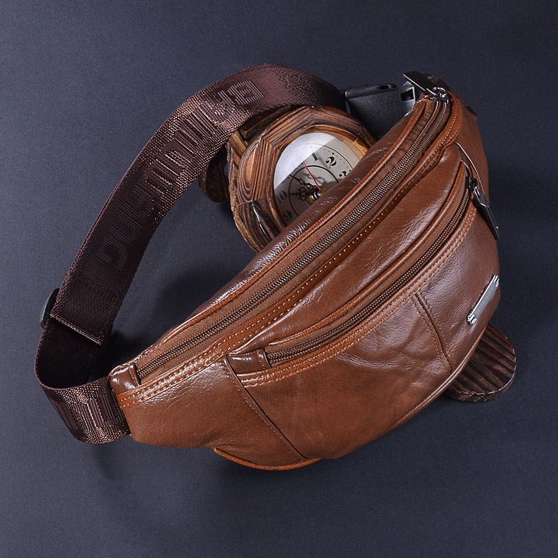 Sac banane en cuir pour homme, multifonction, style rétro, en forme de lune, première couche, en cuir de vache, sac messager décontracté_voghion.com