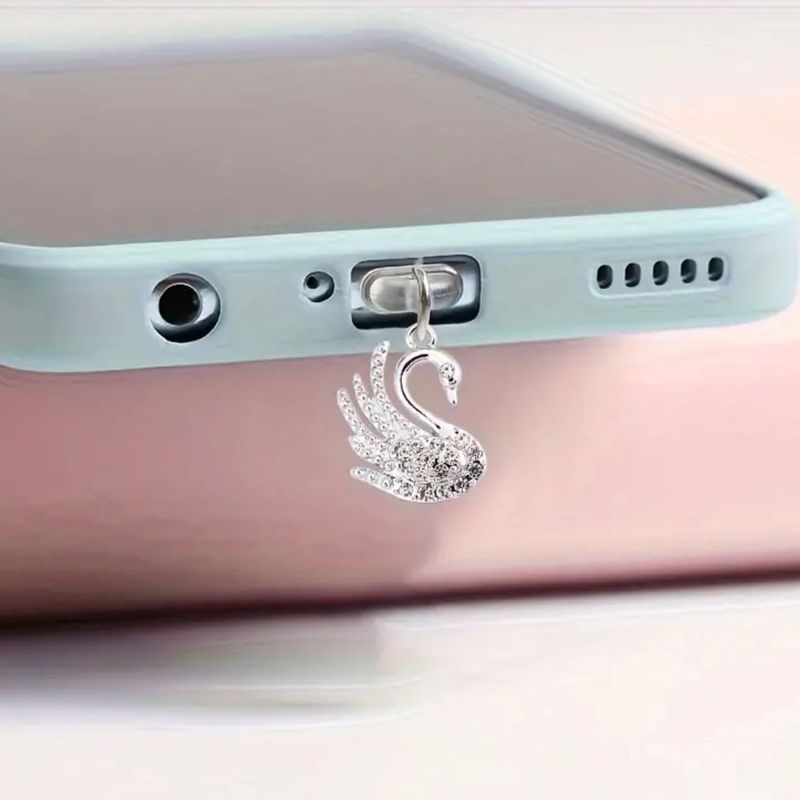 Alloy Full Diamond Gold Silver Swan Phone Dust Type-C Charging Plug Earphone Hole Pendant Couple Ornament_voghion.com